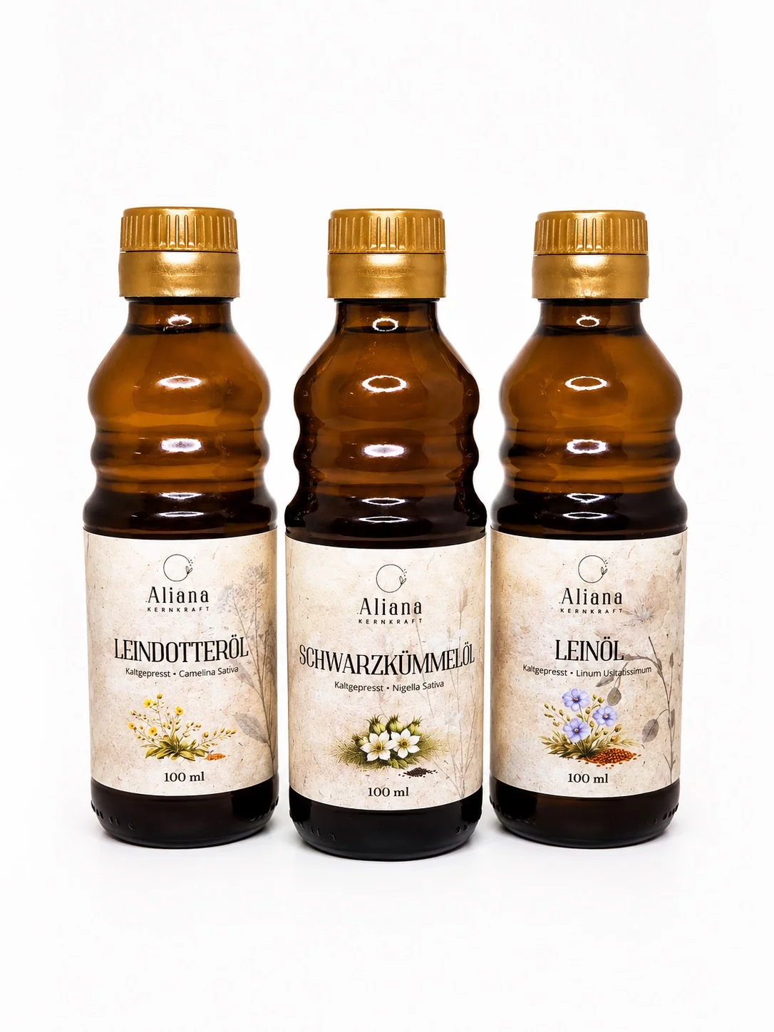 Probierpaket – drei Öle à 100ml in Braunglas