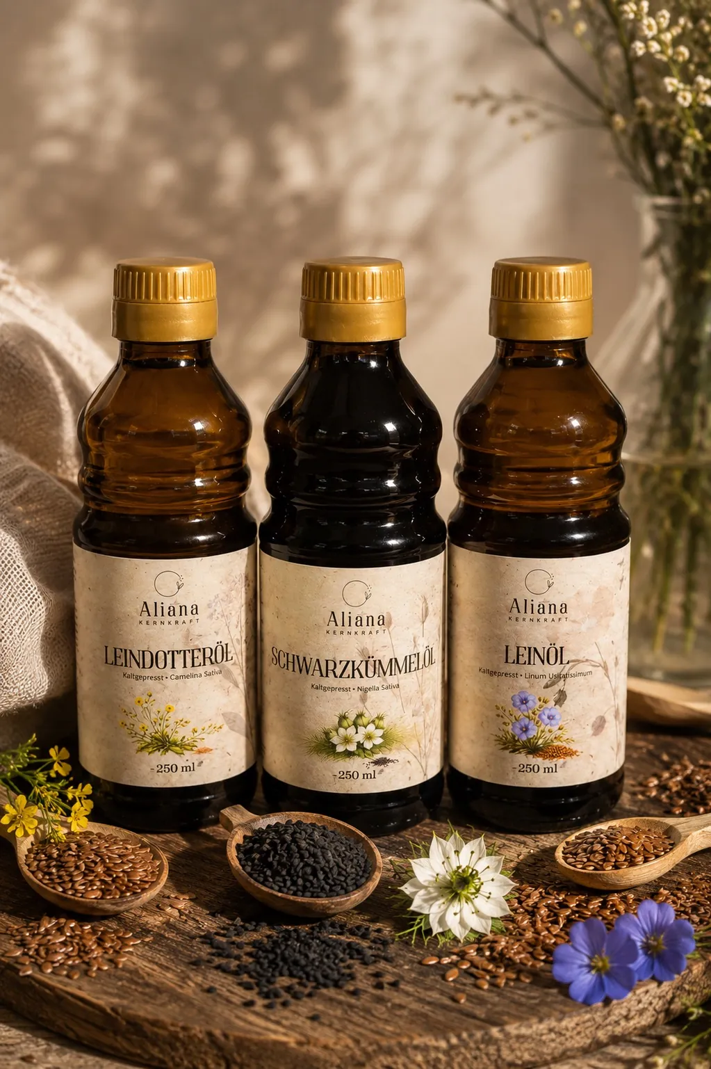 Meine drei kaltgepressten Öle – Leindotteröl, Schwarzkümmelöl, Leinöl