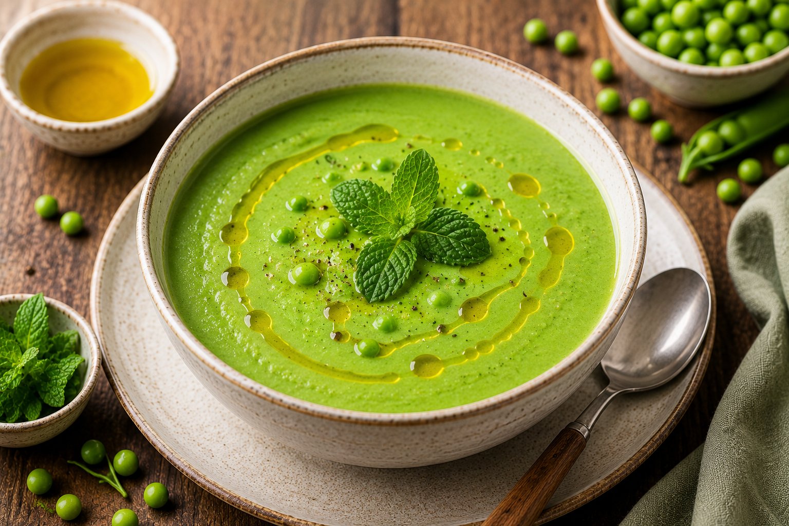 Lauwarme Erbsen-Minz-Suppe