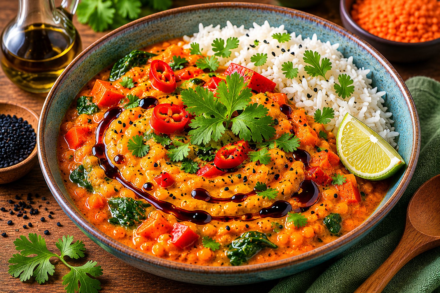 Rotes Linsencurry mit Öl-Finish